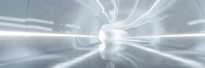 Poster - Futuristic white tunnel with a glowing light at the end,featuring a clean and modern design concept with smooth curves and a reflective surface. This digital evokes a sense of smooth motion,infinity.