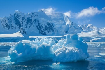 The scenery showcases polar icebergs and glaciers, highlighting the beauty of a cold, icy environment.