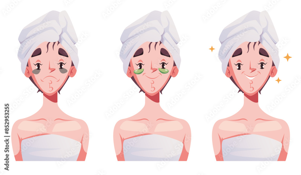 Eye Rash Stick Figure Eye patch effect skin face woman care concept. Vector flat graphic ...