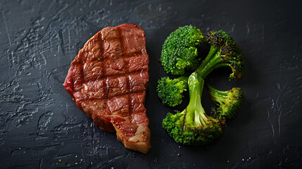 Steak and broccoli displayed on black surface food art