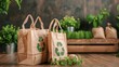 © Jeff - Eco-friendly shopping bags with recycling symbols in a green market, emphasizing sustainability and environmental consciousness.