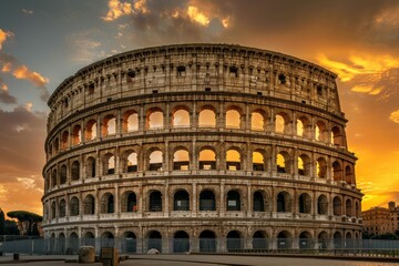 Breathtaking and picturesque sunrise view of the historic and iconic colosseum in rome, italy