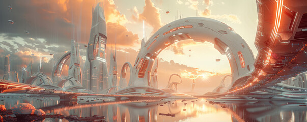 A futuristic city with suspension bridges.