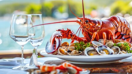 Wall Mural - Lobster and Clams on a Plate with Wine Glasses