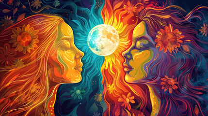 A mystical illustration of the sun and moon, with their faces melting together in an intricate dance of light and shadow