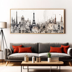 Wall Mural - A large framed painting of a cityscape with the Eiffel Tower in the center