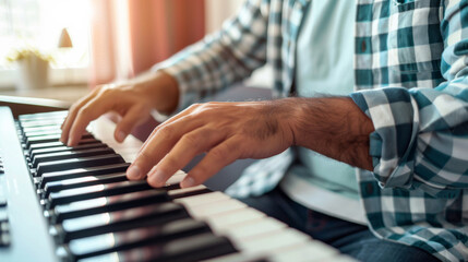 a Hispanic man playing a musical instrument, such as a piano, to start his morning with creativity