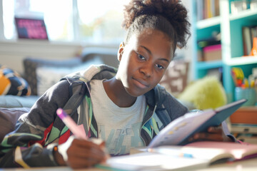 Wall Mural - an African American teen setting up their study space for the day with a planner and school supplies