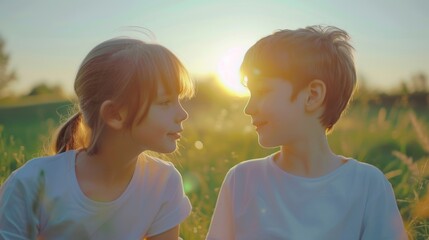 2 young kids in white t-shirts sitting in the grass taking to eachother, boy and girl sitting outsid