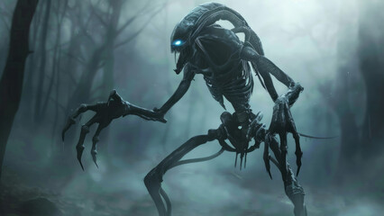 Terrifying skeletal being emerging from the fog, with haunting blue eyes and a menacing presence


