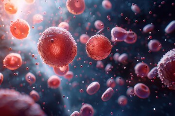 Digital rendering of white blood cells releasing interferons to inhibit viral replication and activate immune responses against virus cells.