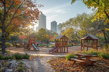 Wall Mural - A city park with abundant trees, playgrounds, and walking paths, demonstrating urban green spaces. 