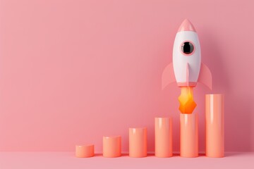 3d render of rocket taking off from bar graph on light background, light color theme, minimalistic design, cute cartoon style 