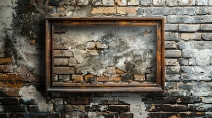 Wall Mural - Wooden photo frame on aged brick wall