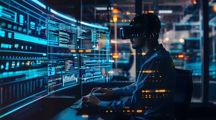 The Virtual World Developer : This image portrays a technology developer wearing a VR headset, working on code in a virtual environment.