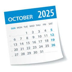 Wall Mural - October 2025 Calendar Leaf. Week Starts on Monday. Vector Illustration