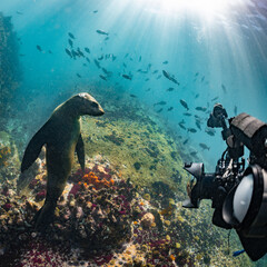 Wall Mural - Cape or Brown fur seal or sea lion playing with diver in South Africa