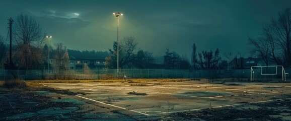 Wall Mural - An Old, Abandoned Football Field At Dusk, Enveloped In A Dark And Eerie Atmosphere