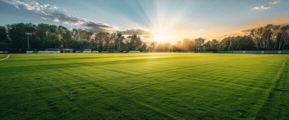At Dawn, An Empty Soccer Stadium Reveals Its Green Field Bathed In The Gentle Early Light