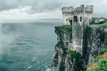 Sticker - photo of an abandoned ancient castle on top of a cliff.
