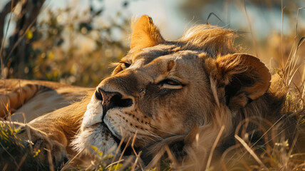 Wall Mural - Majestic lioness resting in the African wilderness, AI Generative.