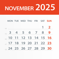 Wall Mural - November 2025 Calendar Leaf - Vector Illustration. Week starts on Monday