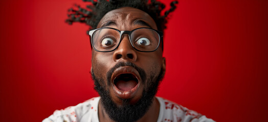 Wall Mural - A man with glasses and a beard is looking at the camera with wide eyes. The image has a playful and humorous mood, as the man's expression suggests that he is surprised or shocked by something