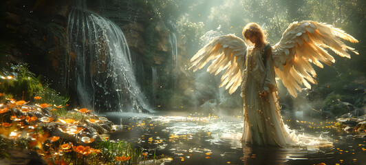 Wall Mural - Mystical female angel, thoughtfully at a waterfall, pond. Dreamy romantic atmosphere. Faith and hope concept. Decorative background for cards, poster, wallpapers etc. 
