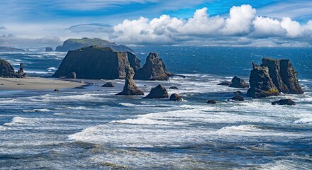 Sea stacks on Bandon beach on the Oregon coast at sunrise