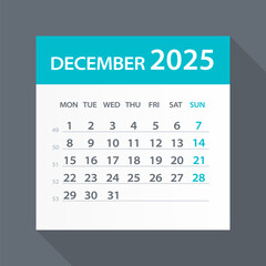 Wall Mural - December 2025 Calendar Green Leaf - Vector Illustration. Week starts on Monday