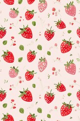 Poster - A pattern of red strawberries is printed on a pink background