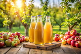 Apple juice bottles mockup on wooden table in apple orchard background. Three glass bottles template.