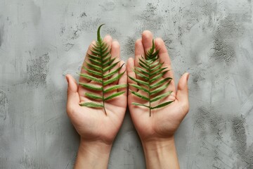 Wall Mural - Green fern leaves holding hands on gray background, nature connection concept with copy space