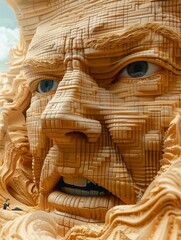 Wall Mural - A man's face is carved out of wood, with a menacing expression on his face