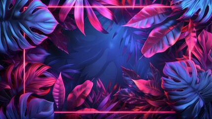 Wall Mural - a dynamic diamond frame design featuring an abstract neon background with tropical leaves
