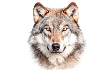 A wolf with a brown and gray coat and a white background.