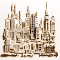 Wall Mural - A cityscape made of paper with a clock on the top right