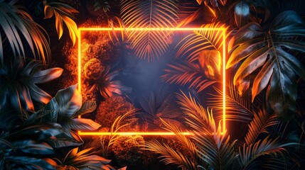 Wall Mural - tropical leaves, using a vivid color scheme of neon yellow and orange, set within a sleek rectangular frame