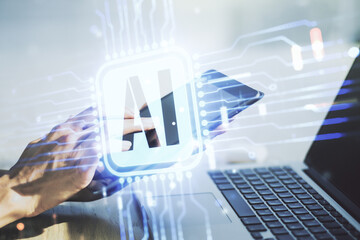 Wall Mural - double exposure of creative artificial intelligence icon with finger clicks on a digital tablet on b