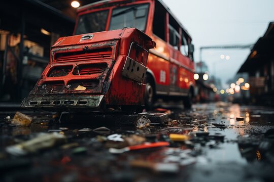 an old red bus sitting on a dirty street