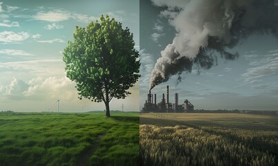 Contrasting Worlds, Lush Green Tree and Meadow vs. Polluting Factory Impacting Climate Change