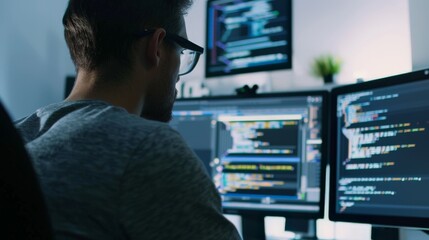 Close-up of a software developer coding on a computer with multiple screens, showcasing app development, in a modern office 