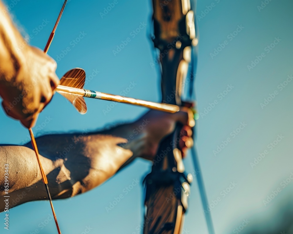 An archer drawing a bow and aiming at a target, intense focus, outdoor ...