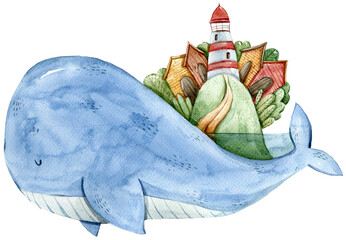 Watercolor cute fantasy blue whale with lighthouse illustration. Colorful children sea animal clipart on isolated transparent background. Can be used for sticker, print, sublimation, pattern
