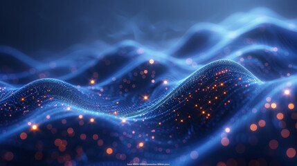 Wall Mural - smooth smoke particle wave, big data techno background with glowing dots, hi-tech concept, blue colo