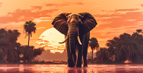 Wall Mural - A painting of an elephant standing in front of a sunset.