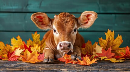 Wall Mural - Cute calf relaxing on wooden table with autumn leaves