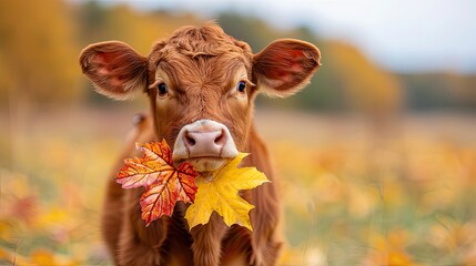 Wall Mural - Cute calf chewing on colorful maple leaves in autumn