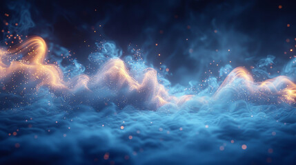 Wall Mural - smooth smoke particle wave, big data techno background with glowing dots, hi-tech concept, blue colo