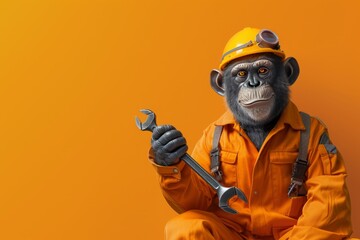 A monkey is holding a wrench and wearing a hard hat